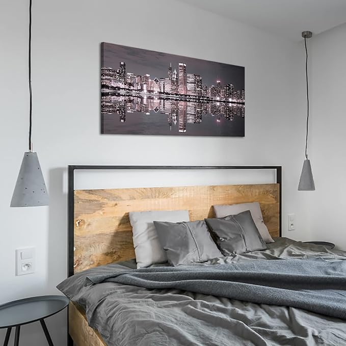 Conipit Chicago Wall Art Chicago Skyline Artwork City Night Downtown Picture Cityscape Painting Framed for Bedroom Home Office Decor 24"x48"