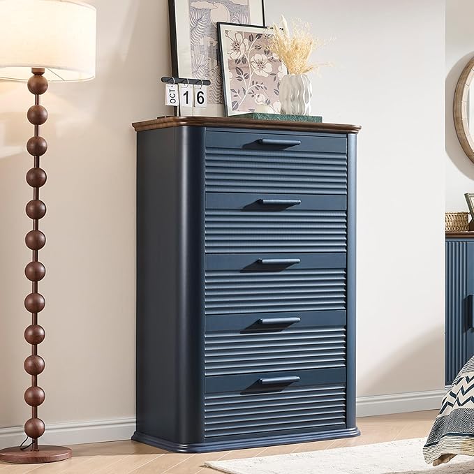 Okvnbjk 5 Drawers Dresser for Bedroom, 45" Tall Dresser with Curved Profile Design, Wood Fluted Chest of Drawer, Modern Drawer Storage Organizer for Bedroom, Living Room, Entryway