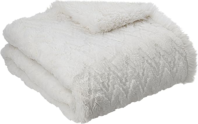 Mon Chateau Premium Reversible Queen Size Luxury Faux Fur Throw for Couch, Sofa, or Queen Size Bed - Plush Cozy Soft Blanket for Sleeping or Home Décor, 60" x 70" (Ivory Jacquard)