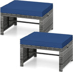 Tangkula 2 Pieces Patio PE Rattan Ottomans, Multipurpose Outdoor Footstool Footrest Additional Seating Side Table with Soft Zippered Cushions for Deck, Garden, and Yard (Navy Blue)