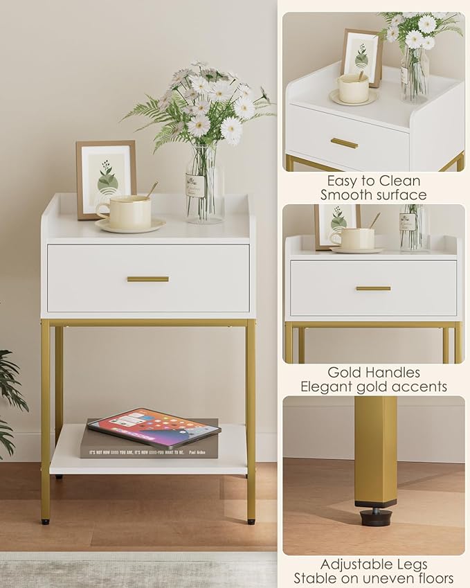 Masupu Nightstand,3-Tier Modern Bedside Night Stand with Storage Drawer and Shelf,Small End Side Table for Bedroom,Living Room,White (Without Outlet, White)