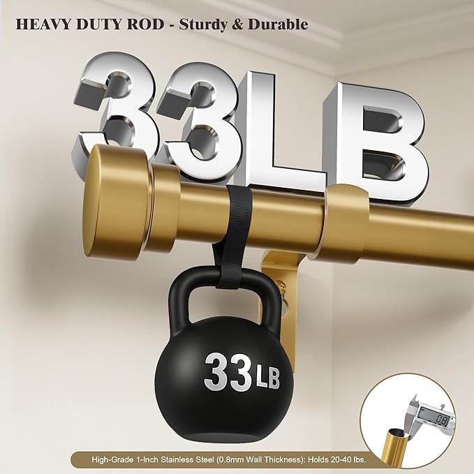 Oneach Gold Curtain Rods for Windows 28 to 48 Inch, 1 Inch Pole Adjustable Length Heavy Duty Metal Curtain Rod Set, for Outdoor Bedroom Kitchen Living Room (16 to 60 Inch)