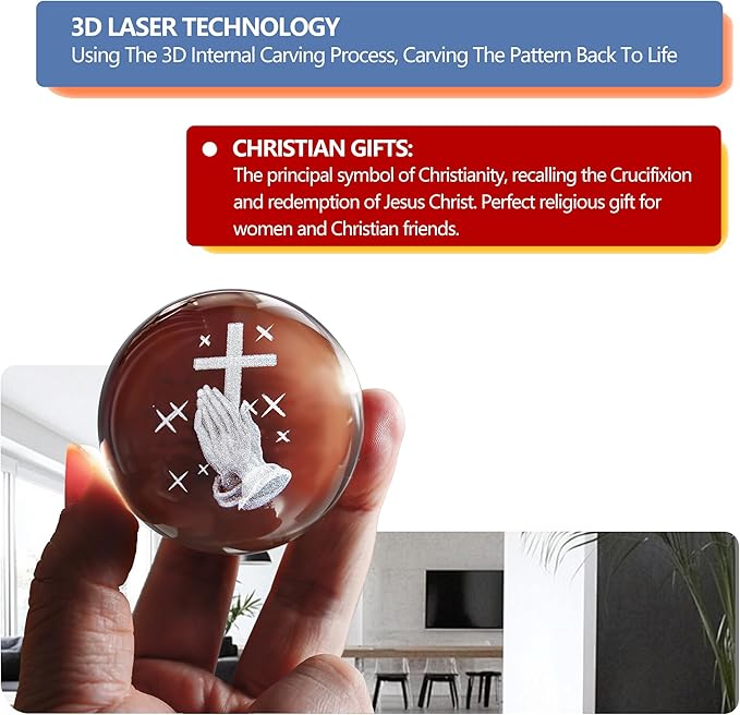 60mm 3D Laser Engraved Hand Holding A Cross Crystal Ball Figurine with Stand Christian Collectible Decoration for Home Office Praying Religious Gifts for Women