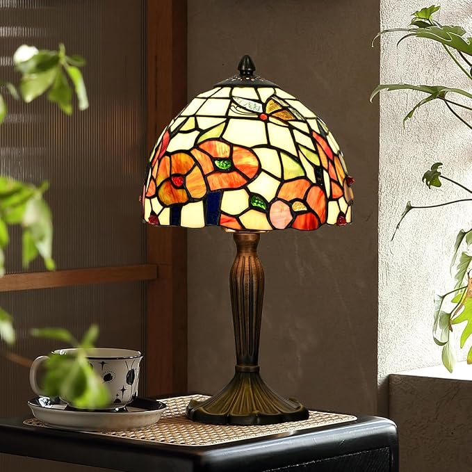 TL0029 Tiffany Style Table Lamp Stained Glass Floral Shade with Bronze Base Vintage Art Deco Desk Light for Bedroom Living Room Decor (Blossom)