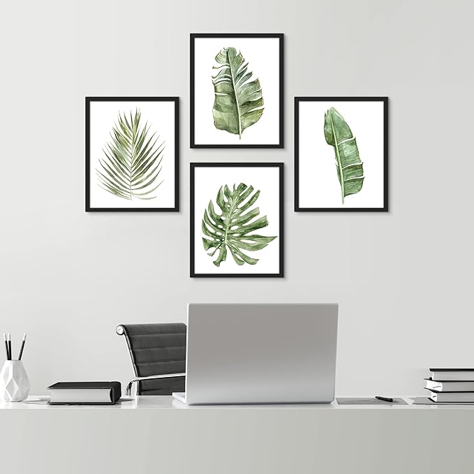 SIGNWIN Framed Banana Palm Monstera Leaf Wall Art, Set of 4 Green Pastel Wall Decor Prints, Nature Wilderness Wall Décor for Living Room, Bedroom - 11"x14" Black