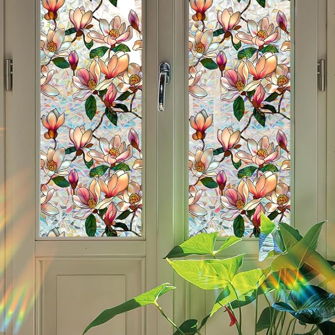 Window Film, Decorative Magnolia Flowers Stained Static Glass Window Clings Stickers for Home Office Living Room Bedroom Glass Windows Door Decor 16.93 x 39.37 Inches