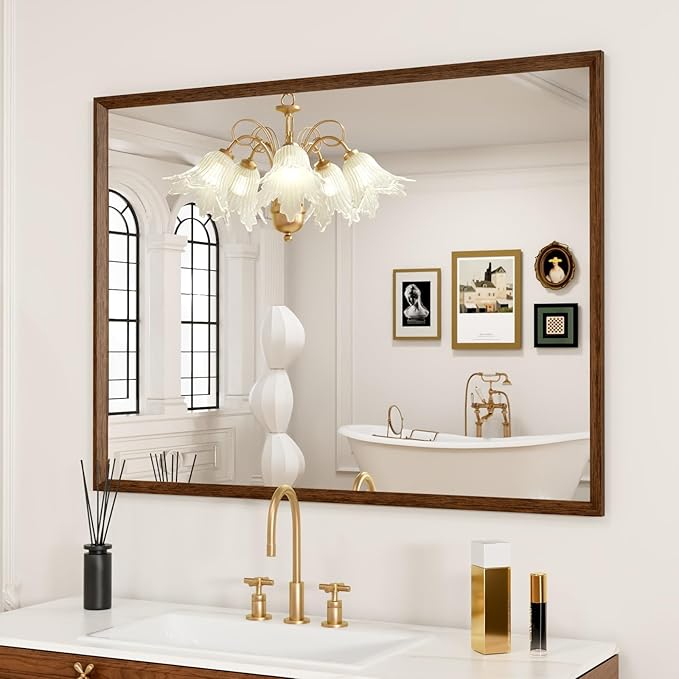 Rectangle Walnut Bathroom Mirror 40x30 Inch, Anti-Rust 4MM Tempered Glass, Modern Vanity Mirror for Bathroom, Horizontal or Vertical Wall Mount