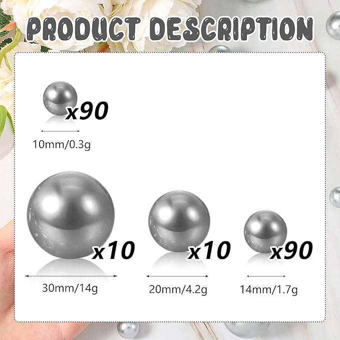 200PCS Grey Faux Pearls Beads for Centerpiece Vases, Vase Filler Faux Pearls, No Holes Filler Beads for Party Anniversary Birthday Wedding Table Decor, 10/14/20/30mm