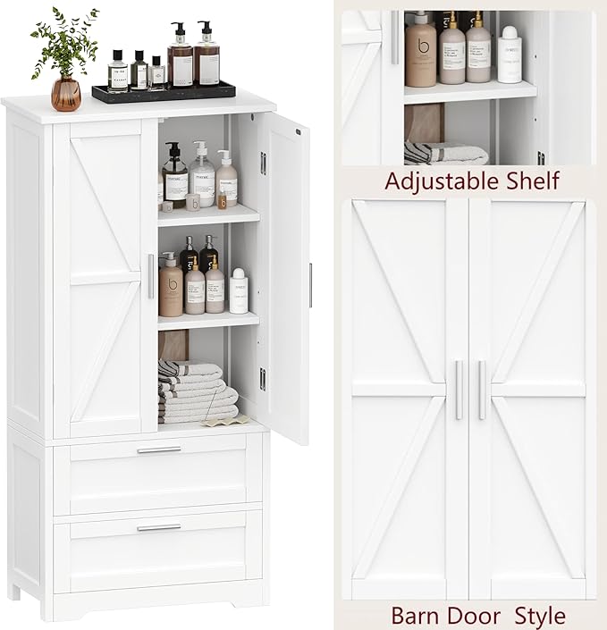 50.4" H Bathroom Storage Cabinet, Modern Floor Cabinet with Adjustable Shelf, Small Pantry with 2 Doors & Drawers, Storage Cabinet for Bathroom, Living Room, Kitchen, White KES007WCWG