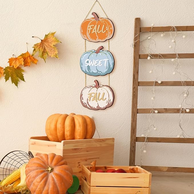 COLOR VALLEY ART Fall Pumpkin Welcome Sign Hello Fall Wood Hanging Decoration Autumn Wooden Signs Rustic Thanksgiving Decorative for Porch Home Wall Indoor Outdoor Decor, 9.8L''x8.6W''*3Pcs(Fall Pumpkins)