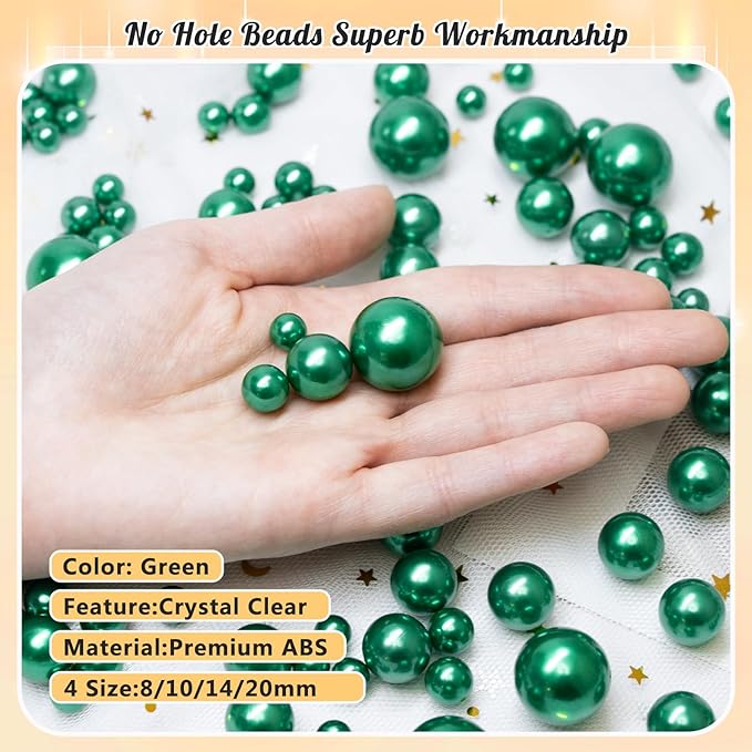 300Pcs Pearl Vase Filler, Green No Hole Faux Pearl Beads for Centerpieces Vases, Candle Centerpieces, Wedding Birthday Party Home Decor 8/10/14/20mm