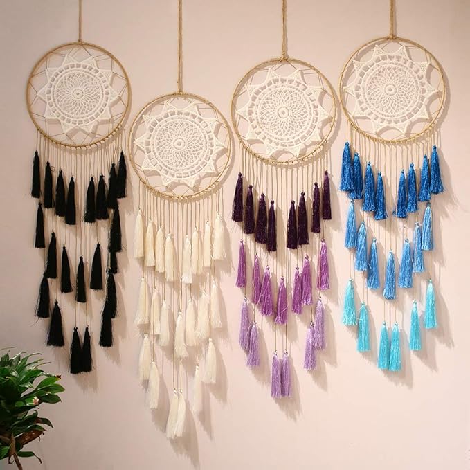 Artilady Macrame Dream Catchers for Bedroom - Tassel Wall Hanging Handmade Dreamcatchers Home Decor with Tassel Feather Ornament Craft Blessing Gift (Purple)