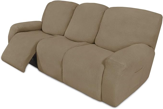 Easy-Going 8 Pieces Recliner Sofa Stretch Sofa Slipcover Sofa Cover Furniture Protector Couch Soft with Elastic Bottom Kids, Spandex Jacquard Fabric Small Checks Tan