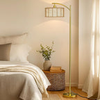 Oneach 62.5'' Arc Floor Lamp for Living Room, Rattan Boho Floor Lamp with Gold Metal Base, Double Shades, Farmhouse Rustic Modern Standing Lamp for Bedroom Office Corner