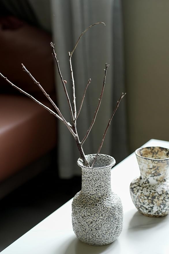 Rustic Pottery Ceramic Vase - Vintage Farmhouse Style Decor, White Grid Ceramic Vases for Home Decor, Modern Farmhouse Decor (White)