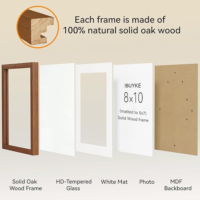 IBUYKE 8x10 Picture Frame,Solid Oak Wood 8x10 Photo Frame with Mat to 5x7,10x8 Picture Frames With Tempered Glass,Tabletop or Wall Mount Display,Home Decor,Walnut Oak 8 x 10 Frame,UWPF0810H