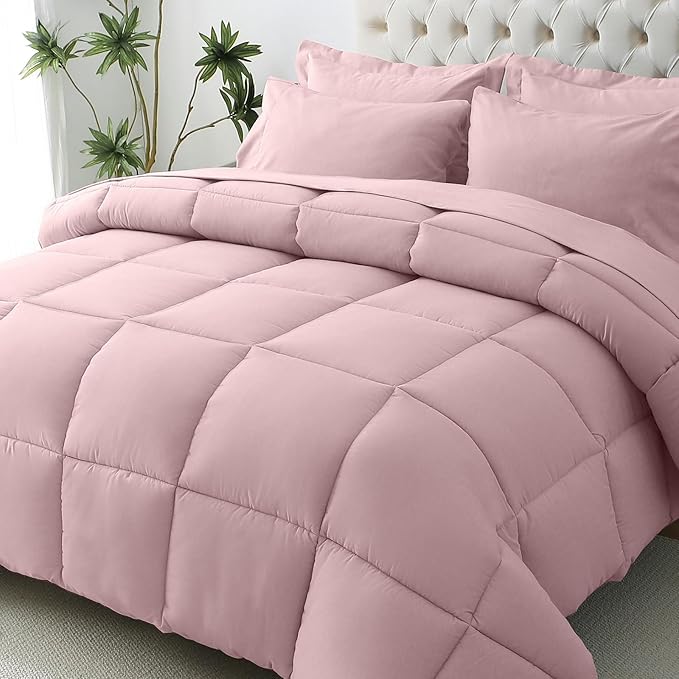 JOLLYVOGUE California King Comforter Set, Ultra-Soft Bed in a Bag Cal King Size 7 Pieces, Oeko-TEX Certified Bedding Set with Down Alternative Comforter, Sheets, Pillowcases & Shams, Camio Pink