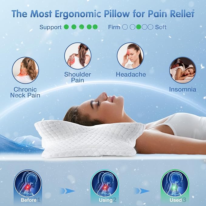 Cervical Neck Pillow for Pain Relief Sleeping, Cooling Contour Memory Foam Support Pillows for Neck and Shoulder Pain, Ergonomic Orthopedic Pillow for Side Back & Stomach Sleepers, White-22