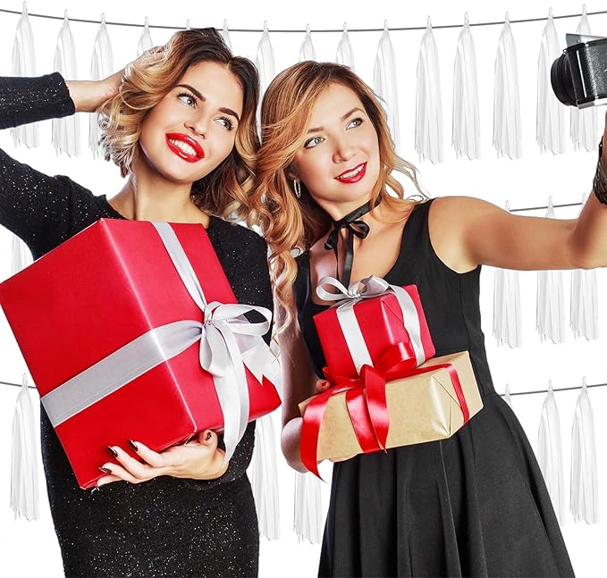 3P White Foil Fringe Metallic Tassel Streamers Banner Tassel Garland for Parade Floats, Graduation, Wedding, Birthday, Halloween, Christmas, Bridal/Baby Shower Party Decorations