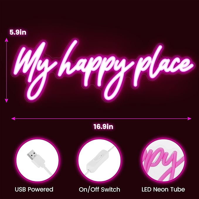 Kavaas My Happy Place Neon Signs 16.9" x 5.9", Pink LED Light Up Signs for Wall Decor | My Happy Place Sign for Girls Bedroom, Bar, Office, Dorms