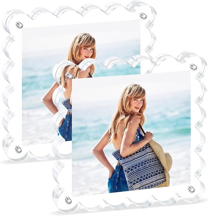 Acrylic Picture Frames .5×5inch 2Pack - Double-Sided Scalloped Photo Frame, 20mm Ultra-Clear Block, Modern Desktop Display for Home/Office Decor (2 Pack, 5X5)