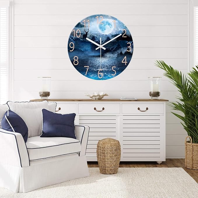 XFM Extra Large Blue Wall Clock 24 Inch Round Silent Non-Ticking Battery Operated Wall Clocks Glass Moon Forest Deer Decorative Clock for Kitchen Living Room Home Office