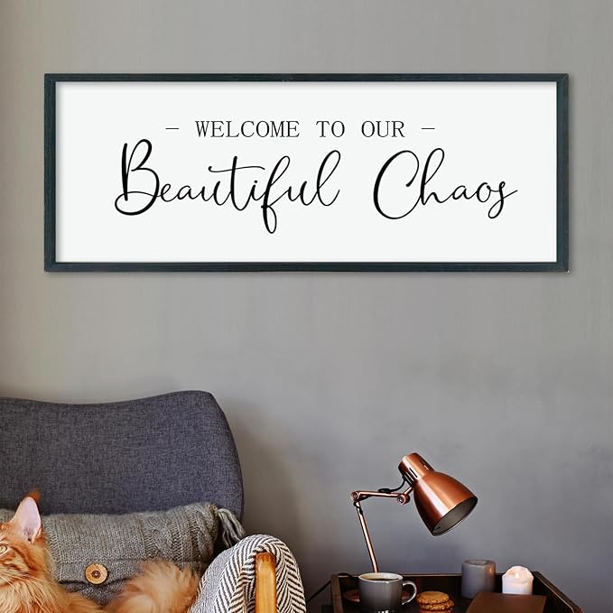 LuZhiQiang Welcome To Our Beautiful Chaos Sign Wall Decor 40"×15" for Home Living Room Entryway Bedroom Large Wood Framed Wall Hanging Art (Black)