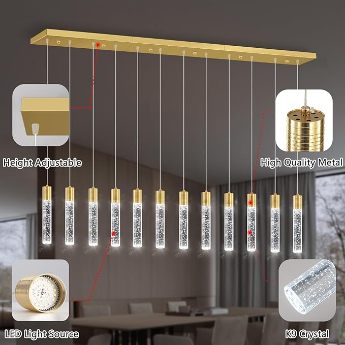 Modern Crystal Chandeliers LED Pendant Light for Kitchen Island Dining Room Entrance Foyer Living Room 6000K Gold