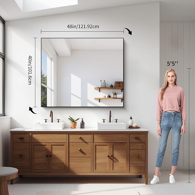 YIROMAN Bathroom Mirror 48"x40", Large Brushed Silver Bathroom Mirror for Over Sink with Aluminum Frame, Rectangular Vanity Mirror with Right Angle, Wall Mirror Hangs Horizontal or Vertical