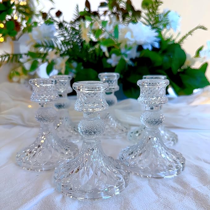 Glass Candlestick Holder,Striped Taper Candle Holders,Set of 6 Candle Stand for Table Centerpieces, Home Decor,Weddings,Festival and Parties (Clear Dimond Pattern)