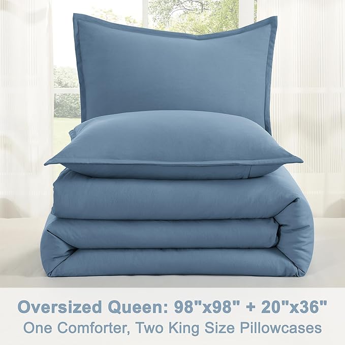 Litanika Comforters Grayish Blue Oversized Queen Size, 3 Pieces Lightweight Solid Bedding Comforter Set, All Season Fluffy Bed Set (98x98In Comforter & 2 Pillowcases)
