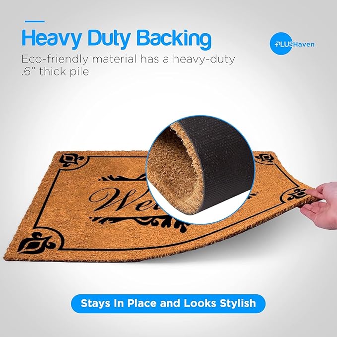 PLUS Haven Coco Coir Door Mat with Heavy Duty Backing, Natural Welcome Doormat, 17.5”x30” for Entrance, Front Porch, Easy to Clean Entry Mat, Outdoor and Indoor Uses, Home Décor