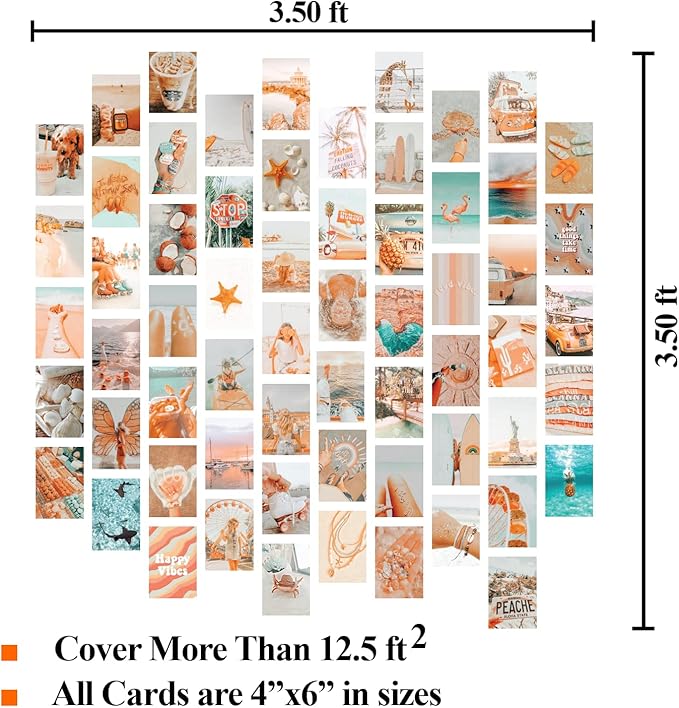 TRAMIN Peach Beach Posters, Wall Art Print for Room, Boho Style Collage Kit Aesthetic Pictures, 100 Pcs, Teal Color Room Decor for Girls, Dorm Photo Display