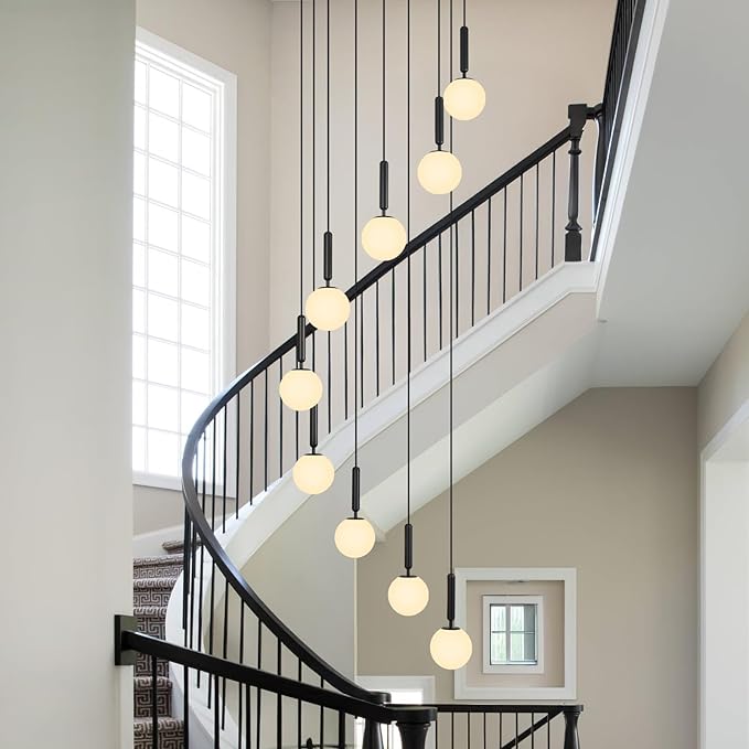 9-Lights Black Chandelier with Milk White Glass Mid Century Modern Globe Pendant Light for Foyer Living Room Entryway Hallway