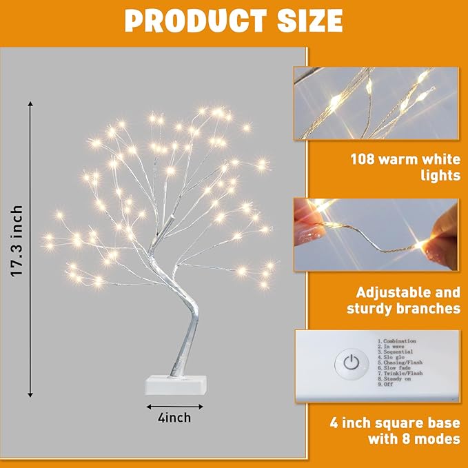 EAMBRITE Fairy Light Tree, 108 Led Light up Trees Decor Indoor, 8 Modes Fairy Light Spirit Tree for Christmas Decorations, USB& Battery Tabletop Bonsai Tree for Home Bedroom Decorations (2 PK, Sliver)
