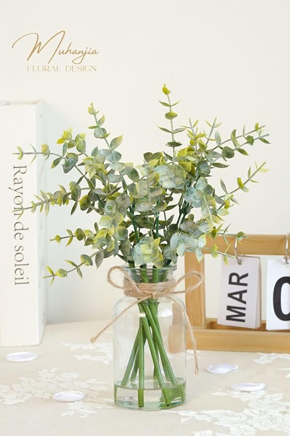 Artificial Eucalyptus Stems in Glass Vase with Faux Water,7Pcs Fake Plant for Centerpiece Bathroom Farmhouse Room Home Decor (Sage Green Eucalyptus)