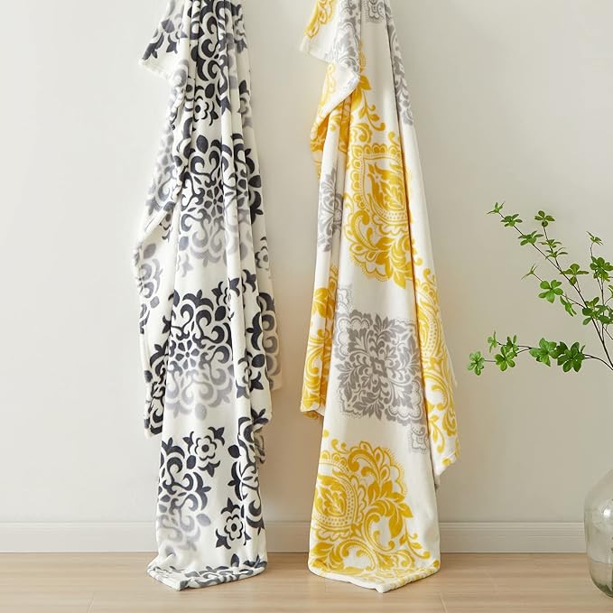 CASAAGUSTO Boho Throw Blanket - Yellow and Gray Damask Decorative Blankets with Tassel, Printed Flannel Bohemian Blanket for Chair, Bed, Sofa, Couch(50 * 60, Yellow and Gray Damask)