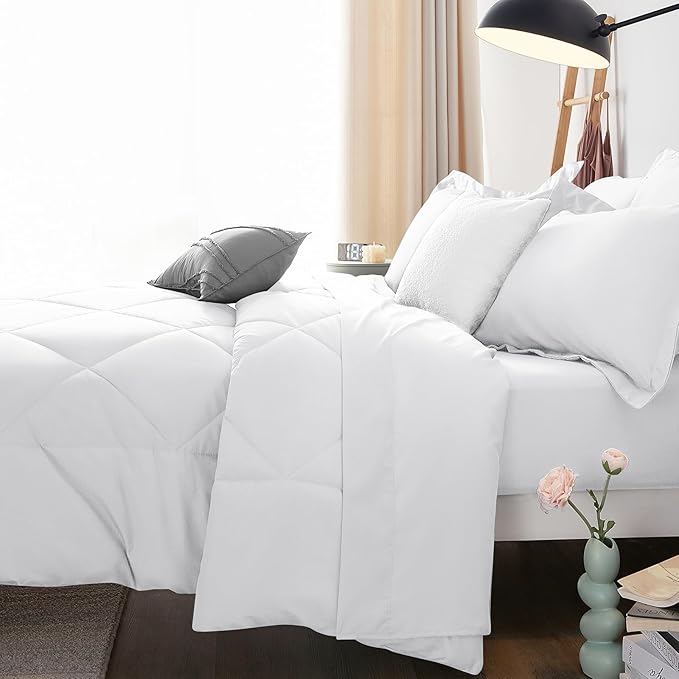CozyLux Queen Comforter Set White - Bed in a Bag Queen Size 7 Pieces, Luxury Soft Bed Set for All Seasons, Bedding Set with Down Alternative Comforter, Sheets, Pillowcases & Shams