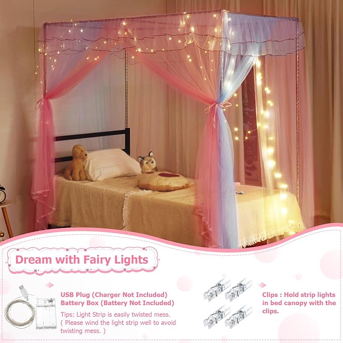 Twin Size Bed Canopy with Lights, Bed Canopy for Girls Princess with Luminous Stars, Canopy Bed Curtains for Twin Bed Kids Indoor Decor Bedroom, 4 Corner Post Bunk Bed for Student Dormitory, Blue&Pink