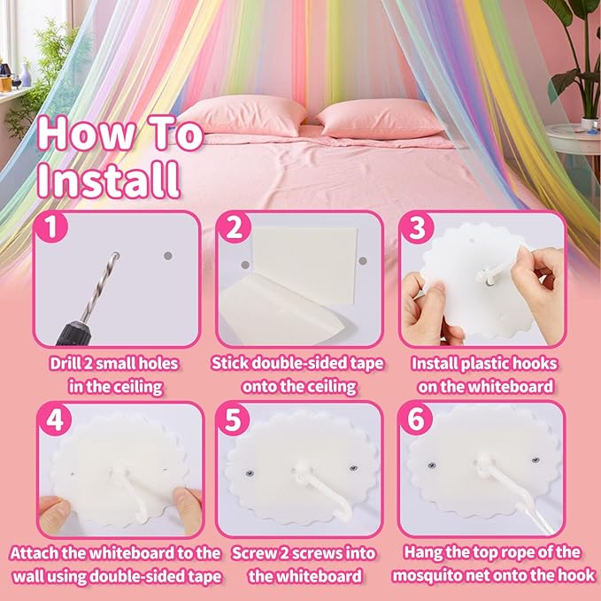 Rainbow Princess Bed Canopy for Girls, Mosquito Net Bed Canopy for Twin/Full/Queen Size Bed, Hanging Bed Net, Bedroom Decor with Hanging Kit, Easy Install Travel Canopy with Storage Bag