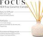 BLUEME Focus-Eucalyptus & Lime, 16.91 Fl Oz Wellness Diffuser, Contains Essential Oil, Sustainable, Hand Finished, Premium, Luxury Ceramic, Natural Rattan Reeds