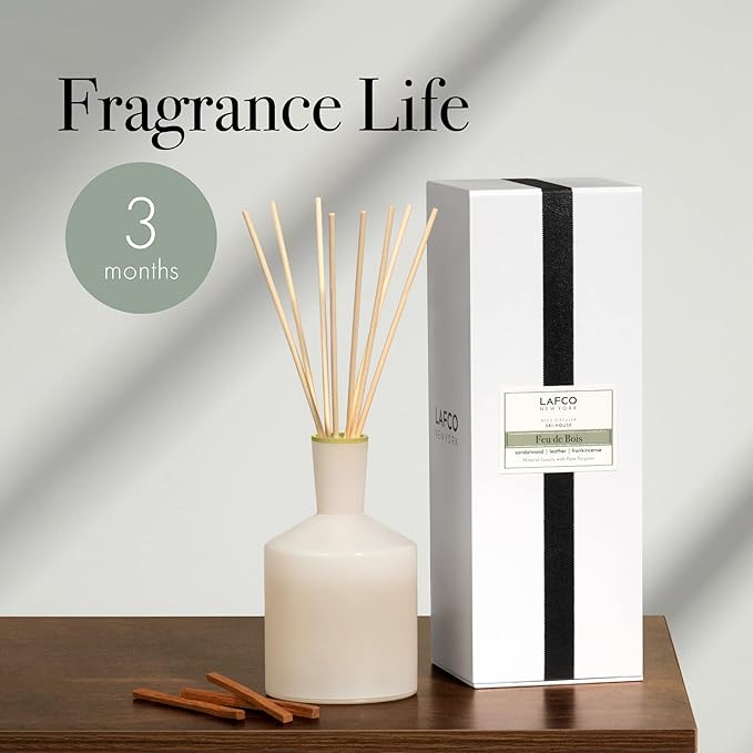 LAFCO New York Classic Reed Diffuser, Feu de Bois - 6 oz - Up to 3 Months Fragrance Life - Reusable Glass Vessel - Natural Wood Reeds - Made in The USA