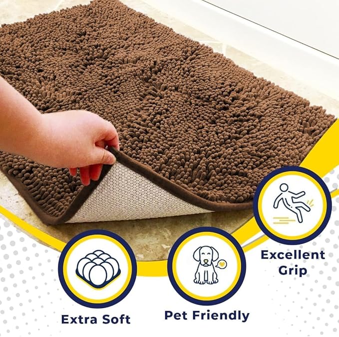 Muddy Mat® 4-Piece Brown Medium 30"X19" AS-SEEN-ON-TV Highly Absorbent Microfiber Door Mat, Bath Mat and Pet Rug, Non Slip Thick Washable Soft Chenille for Kitchen Bathroom Bedroom Indoor and Outdoor