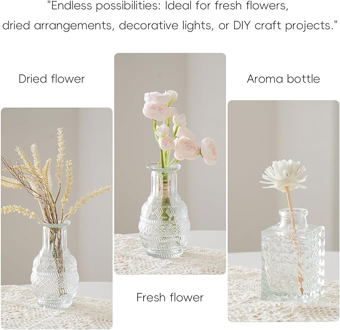 Glass Bud Vases Set of 16 - Assorted Small Mini Glass Vases for Flowers, Crystal Vintage Vase Set, Bulk Centerpieces for Table Décor, Wedding, Home and Events (Clear, 16 Pcs)