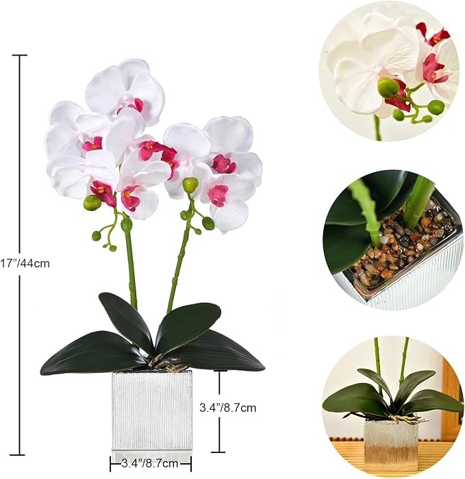 Artificial Potted Orchid Faux Phalaenopsis Silk Flowers Bonsai Realistic Arrangement in Silver Vase for Home Decoration Table Centerpiece, White