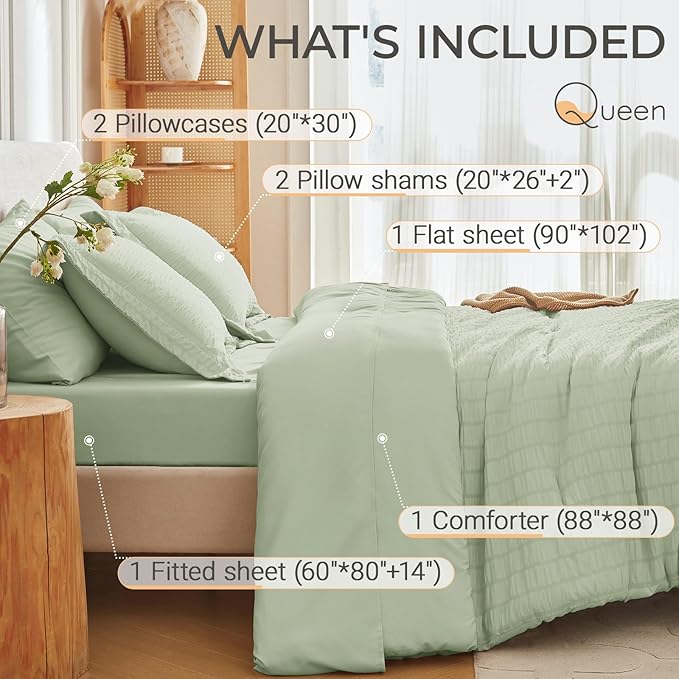 MUXHOMO 7 Pieces Queen Comforter Set, Seersucker Bed in a Bag Queen Size, All Season Luxury Bedding Set with Comforter, Flat Sheet, Fitted Sheet, Pillowcases & Shams, Light Green