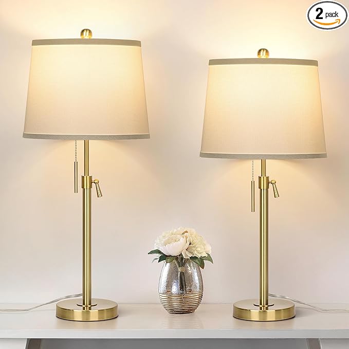 2 Pack 22"-30" Adjustable Height Table Lamps Set, Modern Gold Table Lamps with White Shade 3 Colour Temperature Pull Chain Tall Lamps for Living Room Bedroom Bedside End Table Nightstand