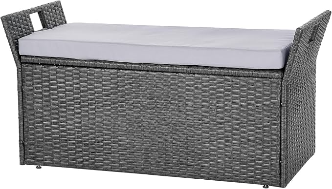 VEVOR Outdoor Storage Bench, 2-Person PE Rattan Storage Bench, 40 Gal Deck Box with Cushion & Side Handle, Supports up to 400 lbs, Weatherproof Outdoor Seating & Porch Decor for Patio Garden Balcony