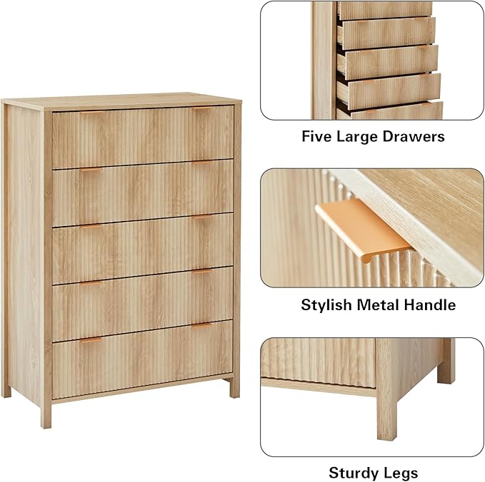 5 Drawer Dressers for Bedroom, Modern Closet Chest of Drawers with Waveform Fluted Panel, Large Wood Storage Dresser Organizer for Nursery Bedroom Living Room Hallway Closet, Natural