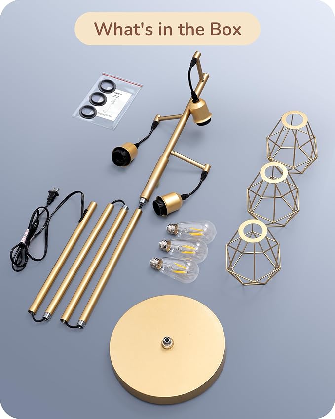 EDISHINE 70'' Dimmable Industrial Floor Lamp, Farmhouse Standing Lamps Diamond-Shaped Lampshade, 3 LED Edison Bulbs Included, Farmhouse Rustic Floor Lamps for Living Room, Bedroom, Office, Gold